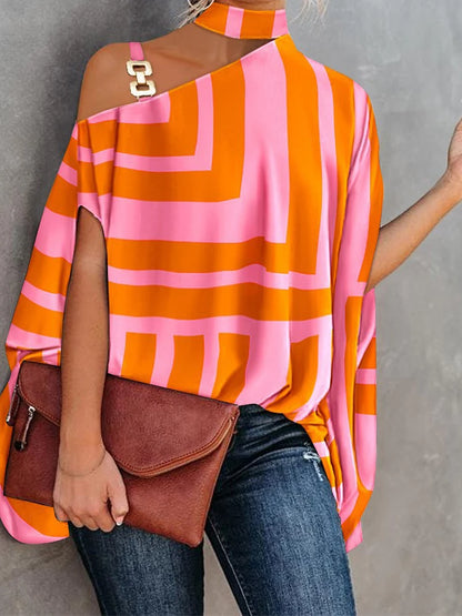 Women Metal Buckle Off The Shoulder Short Batswing Geometrical Floral Print Loose Blouse Tops Summer Lady OL Blouse Shirts