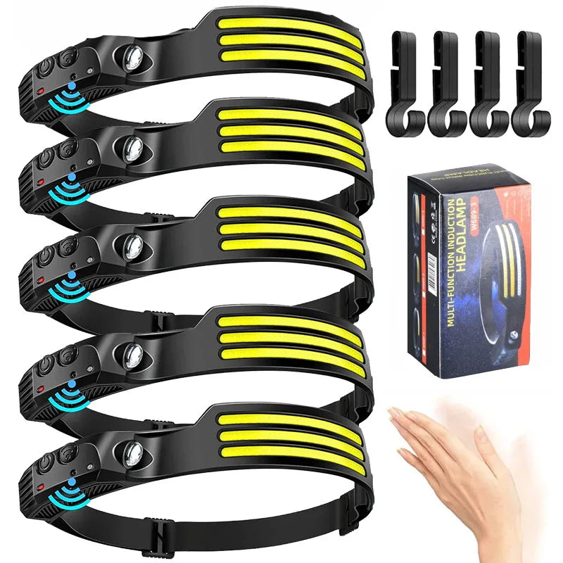 Linterna frontal de inducción LED recargable por USB, batería incorporada, 5 modos de iluminación, para acampar al aire libre y pescar.