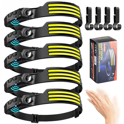 Linterna frontal de inducción LED recargable por USB, batería incorporada, 5 modos de iluminación, para acampar al aire libre y pescar.