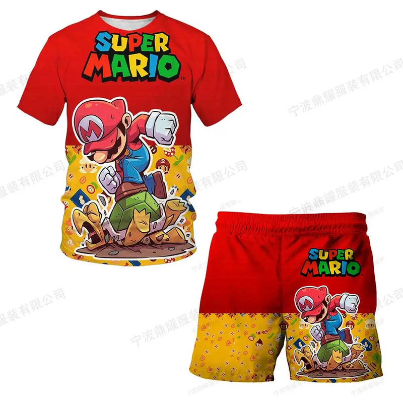 Summer anime Super Mario fashion cute boy 3D top T-shirt+shorts two-piece set Mario girl and boy top short sleeved shorts