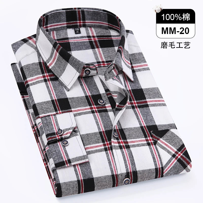 Men Fashion Long Sleeve Brushed Flannel Shirt Single Pocket Comfortable 100% Cotton Casual Slim Fit Button-down Plaid Shirts 8XL