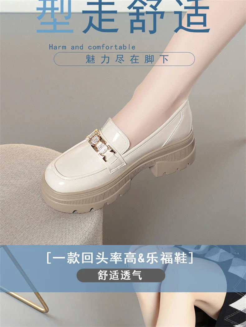 5.5cm British Style Thick Bottom Patent Leather Loafers Women's Platform Shoes 2024 Spring Shallow Block Heels Shoes Office