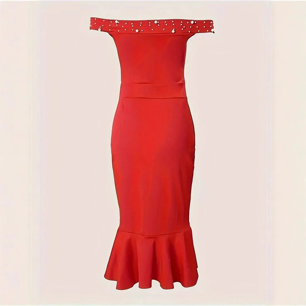 Plus Size 2024 New Amazon Off-Shoulder Dress Fashionable Women's Sexy Ruffle Edge Dress Plus Size Ladies Clothing