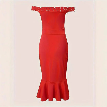 Plus Size 2024 New Amazon Off-Shoulder Dress Fashionable Women's Sexy Ruffle Edge Dress Plus Size Ladies Clothing