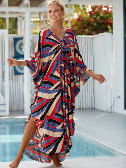 Vestidos caftán de talla grande para mujer, vestido caftán con cuello ondulado, vestido playero largo extragrande. 
