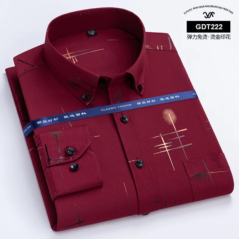 Latest Men's Dress Shirts Spring Autumn Non-iron Anti-wrinkle Business Casual Print Thin Plaid Soft Slim Fit Chemise Homme