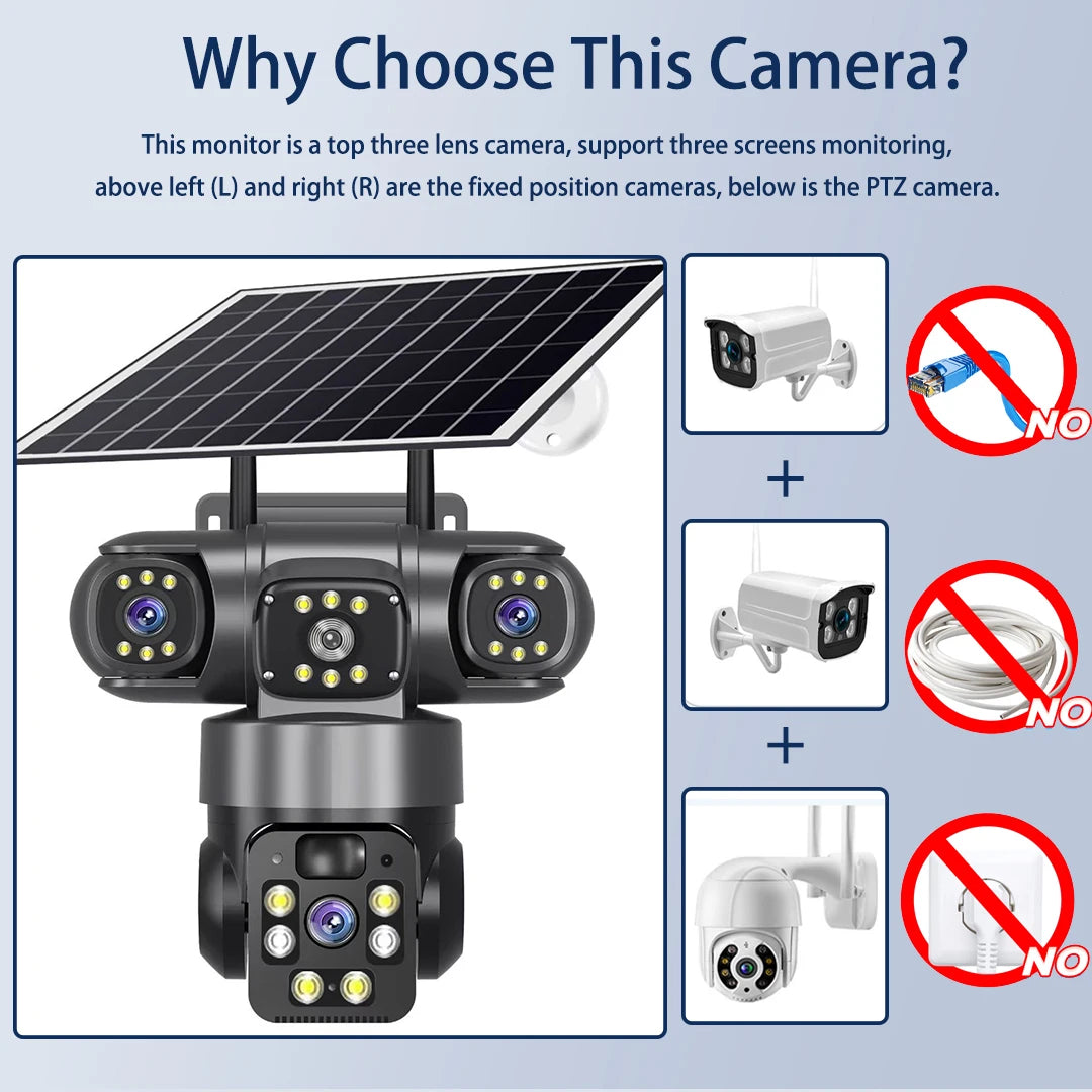 12MP 6K 3 Lens 3 Screen 4G Outdoor Solar Camera Wireless WiFi IP Cameras PIR Auto Tracking Solar Security CCTV Surveillance Cam