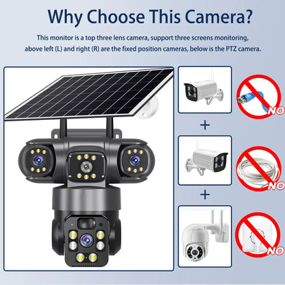 12MP 6K 3 Lens 3 Screen 4G Outdoor Solar Camera Wireless WiFi IP Cameras PIR Auto Tracking Solar Security CCTV Surveillance Cam