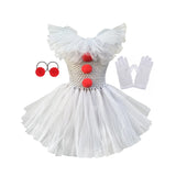 Fantasia Infantil de Palhaço Pennywise Assustador para Meninas – Vestido de Tule com Babados e Sem Mangas, Inclui Acessórios Completos – Ideal para Festas de Aniversário, Bailes de Máscaras e Halloween