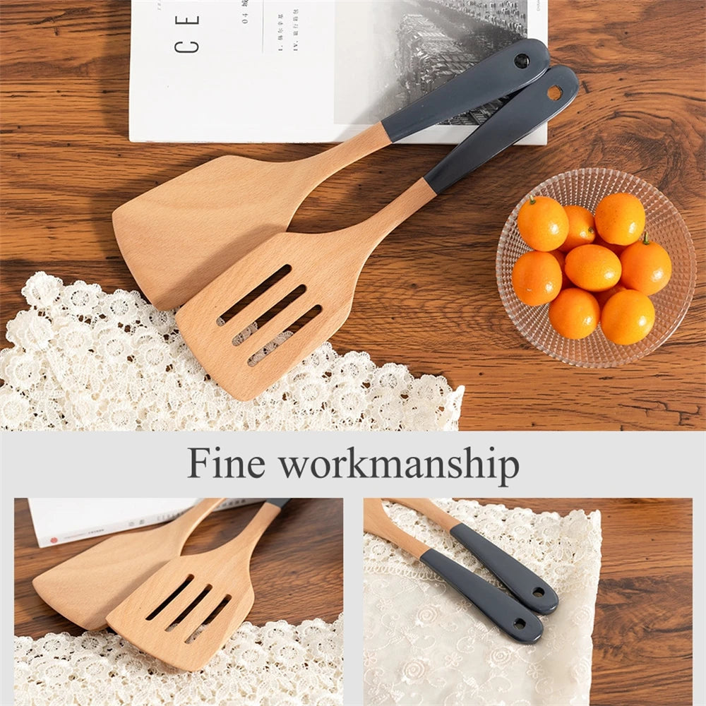 Espátula de madera con mango largo para cocinar, antiadherente, para saltear, resistente al calor, para el hogar, accesorio de cocina