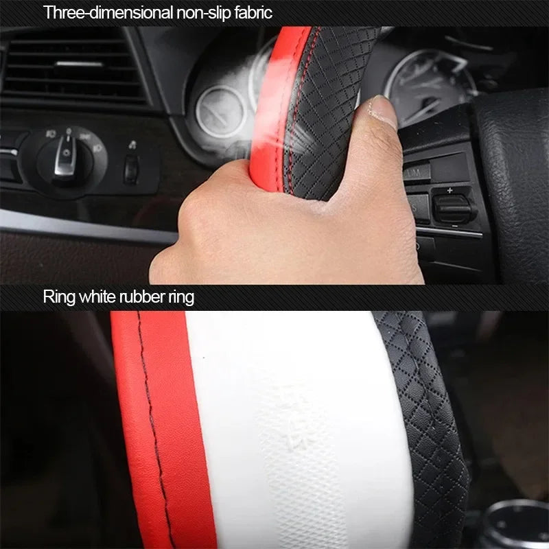 38cm Steering Wheel Cover PU Leather Anti Slip Steer Wheel Protector Breathable Fiber Braid Universal Steering Cover