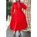 Women's Long Sleeve PU Leather Dress Button Up Half Red Pocket Fashion Plus Size 