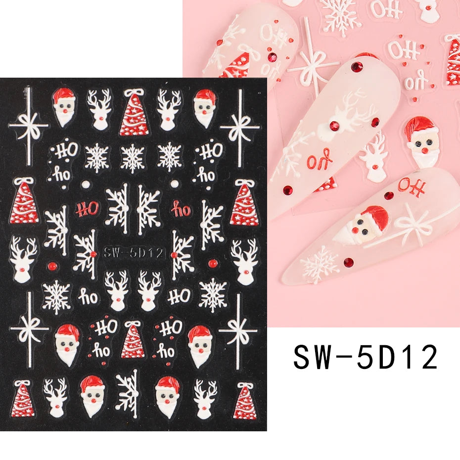 5D Red Christmas Nail Stickers Glitter Embossed Snowflake Gloves Feather Bulb Bells Winter Xmas DIY Engraved Manicure Decoration