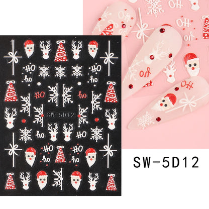5D Red Christmas Nail Stickers Glitter Embossed Snowflake Gloves Feather Bulb Bells Winter Xmas DIY Engraved Manicure Decoration