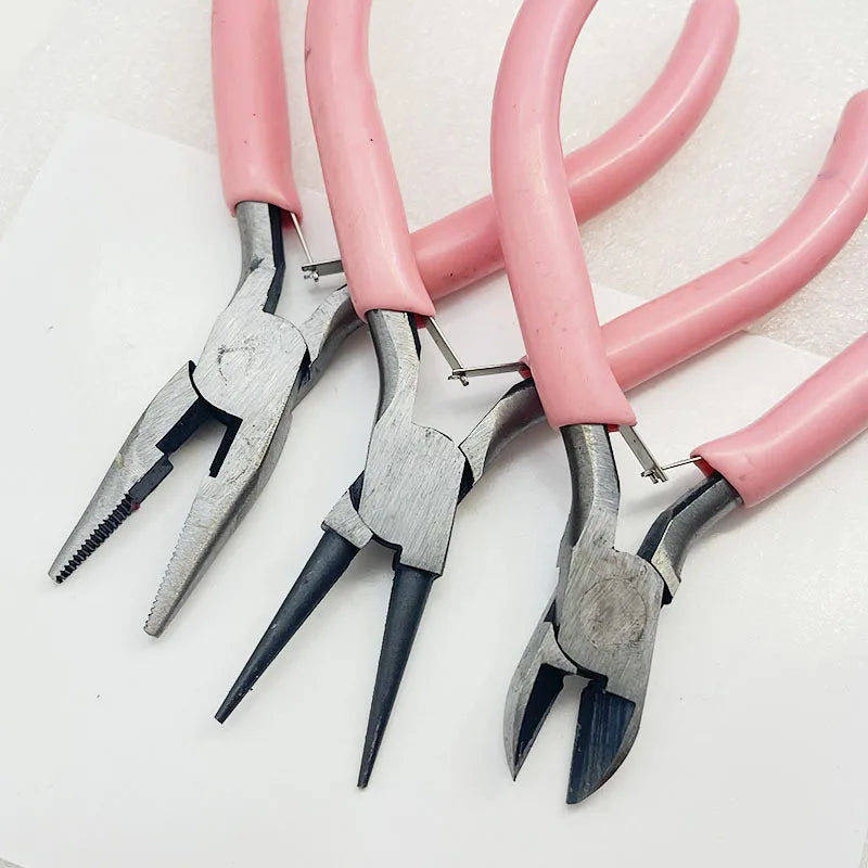 Alicates cóncavos redondos de una sola sección de níquel-hierro con mango rosa, herramienta para hacer herrajes de joyería hechos a mano, punta afilada, diagonal, portátil