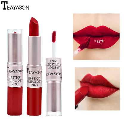 Lápiz labial mate aterciopelado de larga duración, brillo labial de doble cabezal, taza antiadherente, brillo labial, tinte voluminizador, lápiz labial resistente al agua, maquillaje
