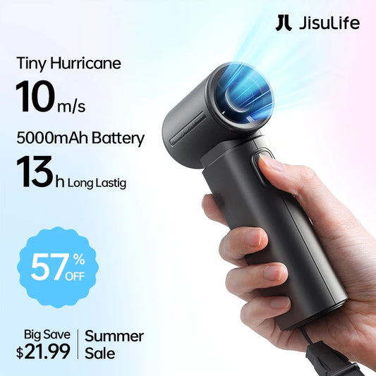 JISULIFE Handheld Turbo Fan, Super Strong Wind, 5 Speeds, Long Battery Life, 5000mAh, USB Rechargeable, Multipurpose Pocket fan