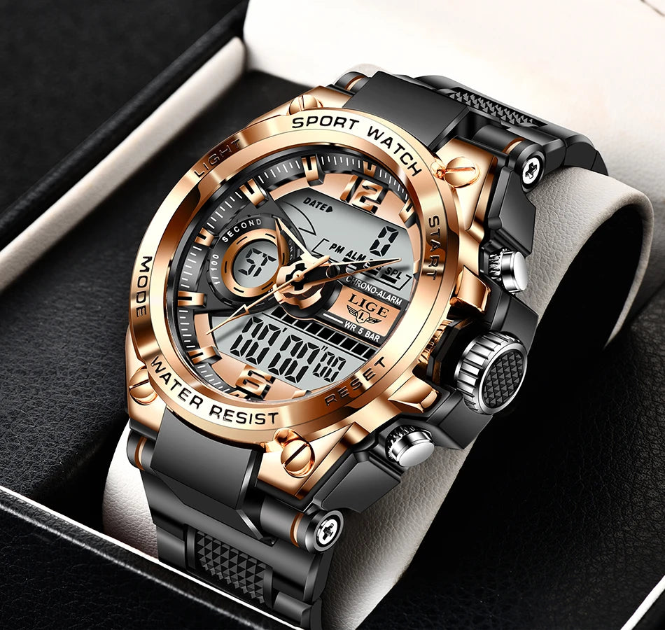 Reloj militar LIGE para hombre, digital, resistente al agua hasta 50 m, LED, de cuarzo, deportivo, grande, Masculino