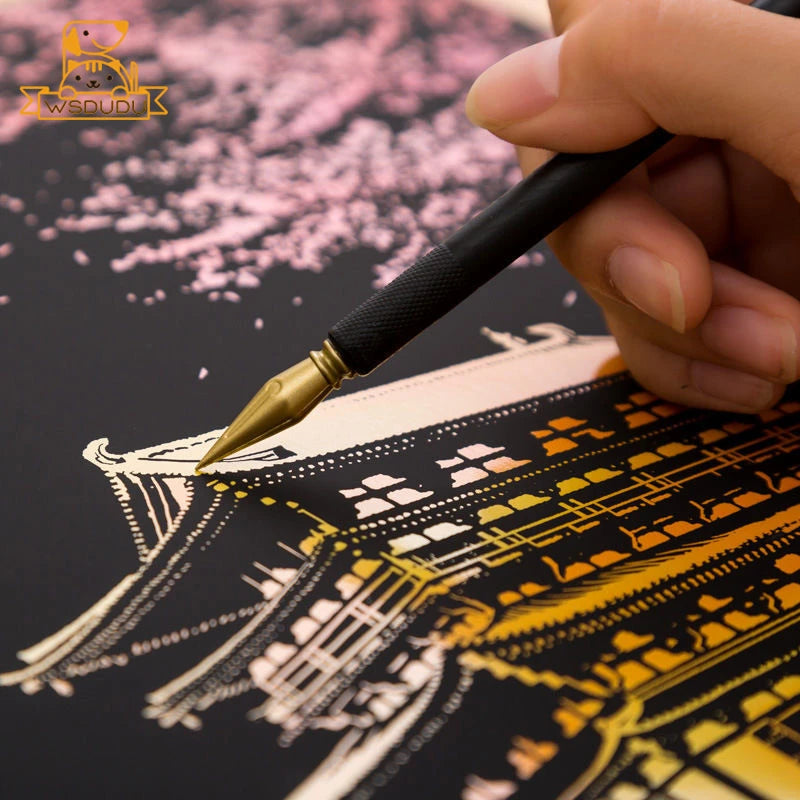 Scratch Art Paper Set 2 Sheets World Landmark Night Scene with Stylus DIY Crafts Stress Relief Creative Painting Adult Kids Gift