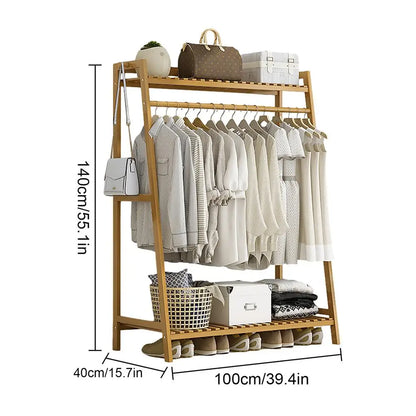 Wooden Garment Coat Clothes Hanging Heavy Duty Rack with top shelf and 2-tier Shoe Clothing Storage Organizer Shelves