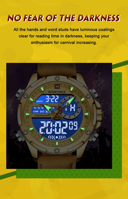 NAVIFORCE Luxury Original Watches For Men Casual Sport Chronograph Alarm Quartz WristWatch Leather Waterproof Digital Clock 9163