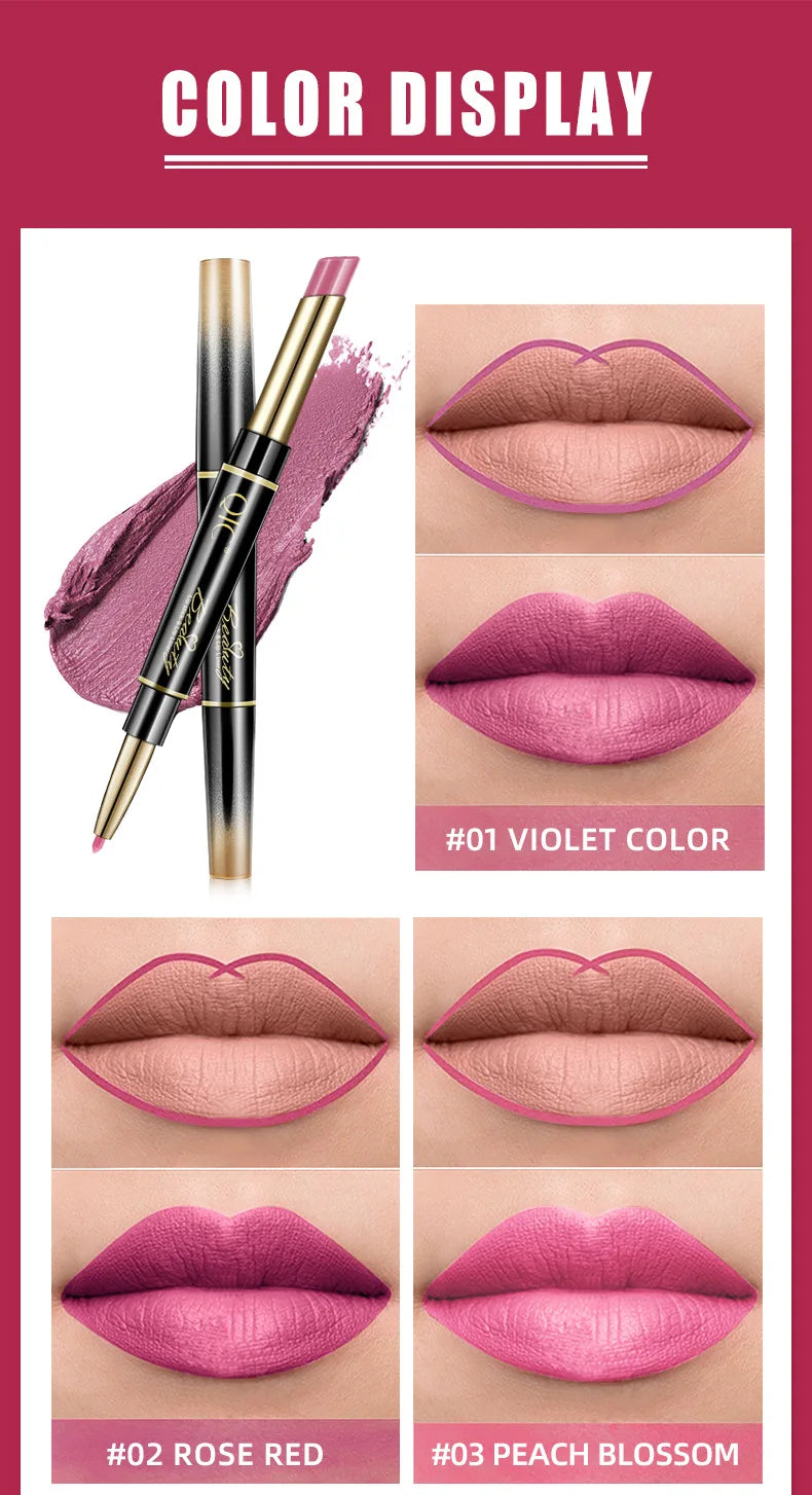 Delineador de labios 2 en 1, resistente al agua, mate, lápiz labial, rojo sexy, de larga duración, maquillaje, cosméticos