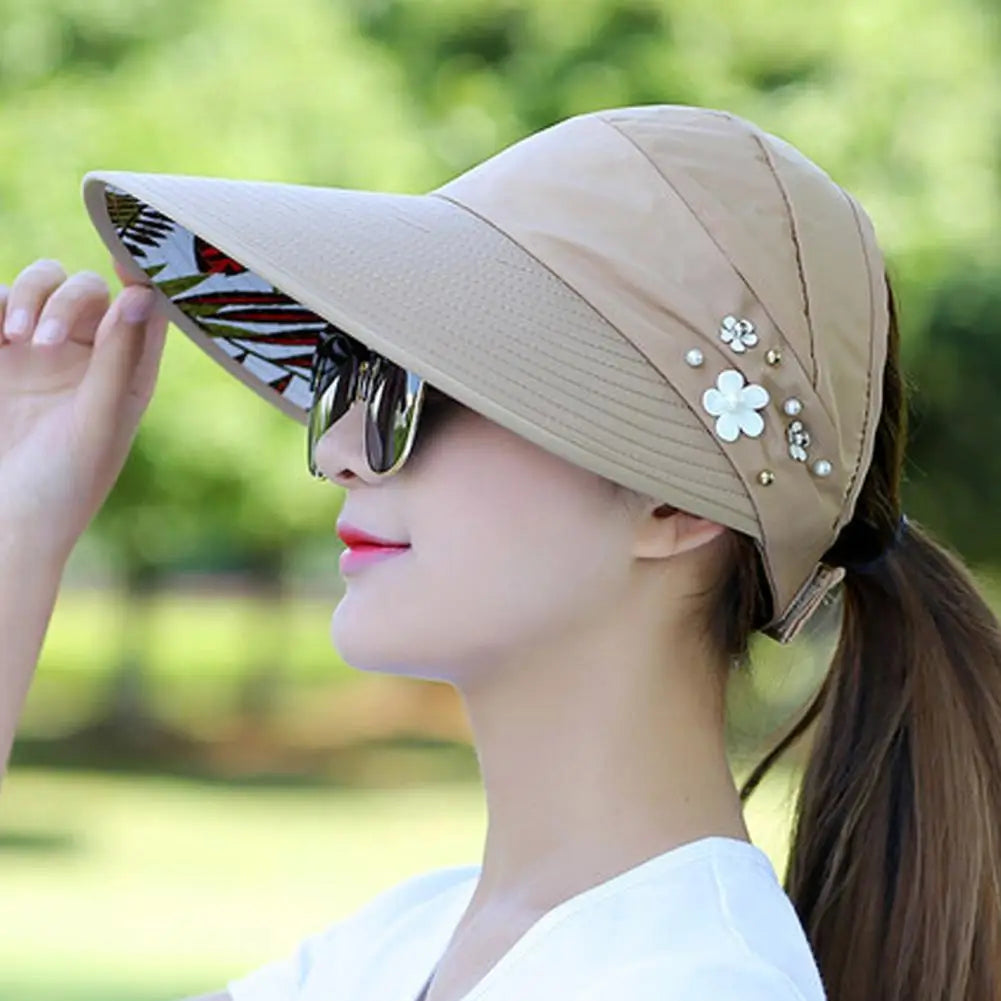 Fashion Women's Ladies Summer Vacation Wide Brim Foldable Sun Hat Anti-UV Beach Visor Caps Casual Hats