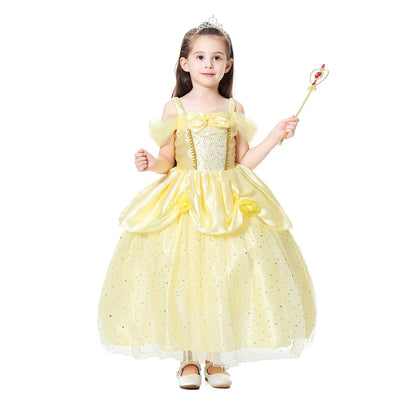 2025 Cosplay Belle Princess Dress Girls Dresses For Beauty and beast Party Clothing Magic stick crown Costume 3-12Y