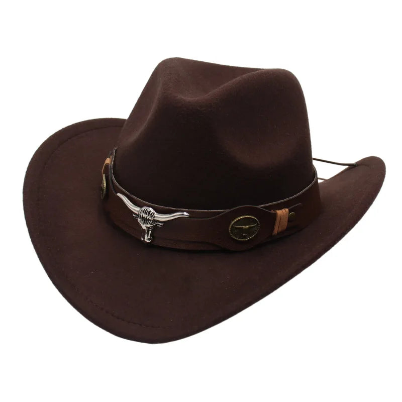 Classic Cattleman Cowboy Hat Retro Bull Head Studded Leather Band Felt Hat Unisex Western Party Cosplay Hat Wide Brim Fedora