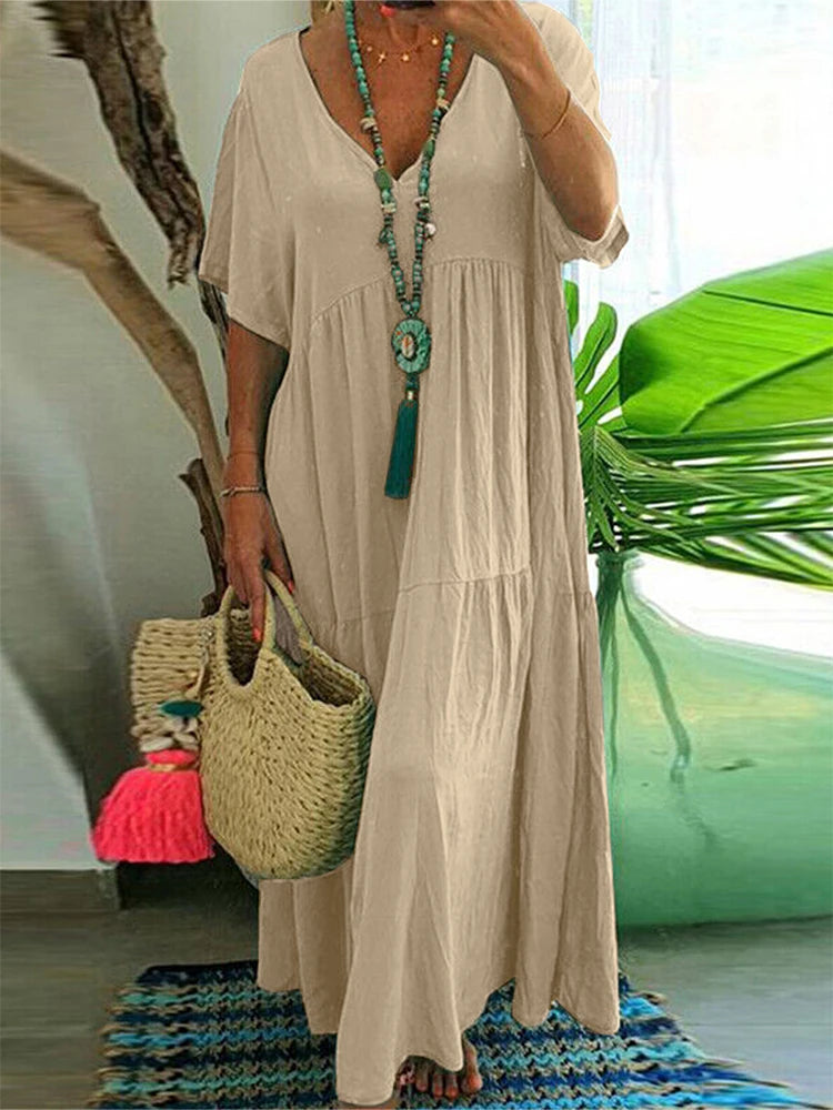 Plus Size 2025 Summer New V-neck Short Sleeve Pleated Solid Colour Loose Casual Midi Dress Basic Hem Pleated