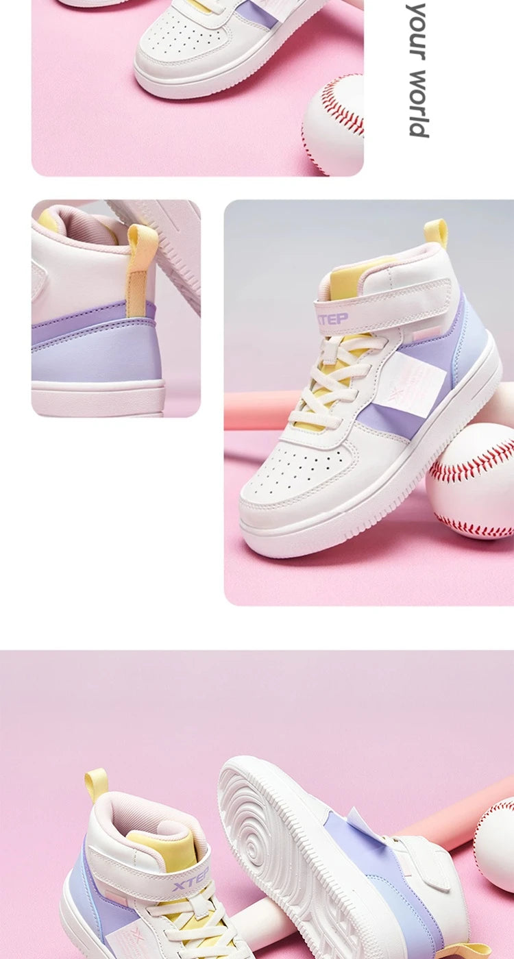 Xtep Kid's Skateboarding Shoes 2025 Spring Unisex Leather Fashion Casual Running Comfortable High-top Sneakers 676316319305