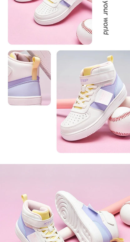 Xtep Kid's Skateboarding Shoes 2025 Spring Unisex Leather Fashion Casual Running Comfortable High-top Sneakers 676316319305