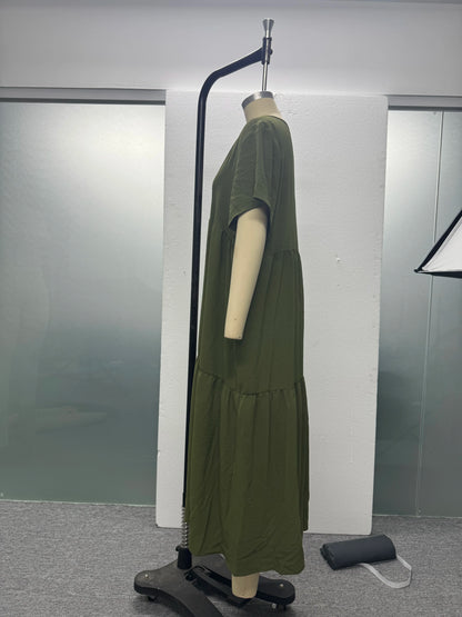 Plus Size 2025 Summer New V-neck Short Sleeve Pleated Solid Colour Loose Casual Midi Dress Basic Hem Pleated
