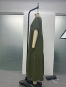 Plus Size 2025 Summer New V-neck Short Sleeve Pleated Solid Colour Loose Casual Midi Dress Basic Hem Pleated