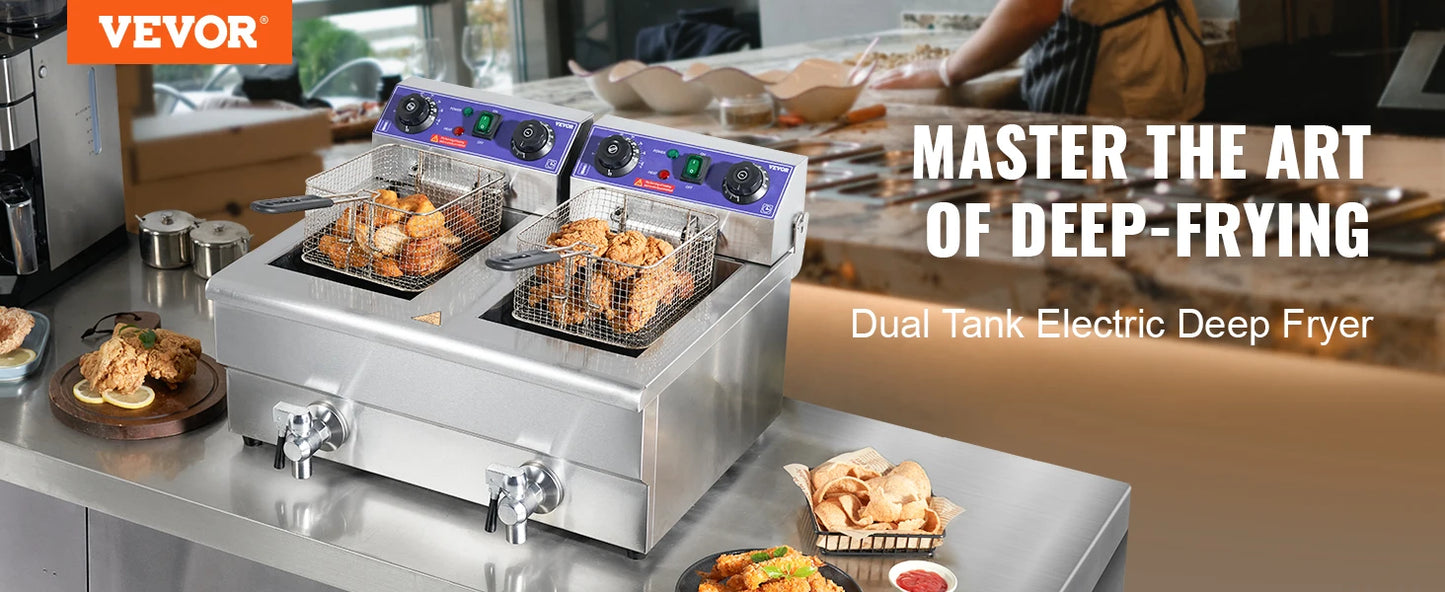VEVOR Commercial Electric Deep Fryer w/Dual Tanks 12L Countertop Fryer w/Oil Filter and Timed for Fried Chicken French Frie