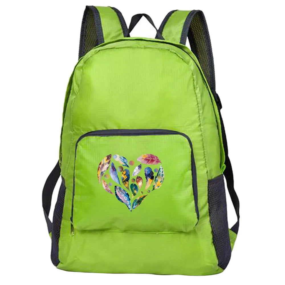 Outdoor Travel Lightweight Portable Foldable Backpack Love Print Folding Green Bag Ultralight Pack for Women Men Hiking Daypack