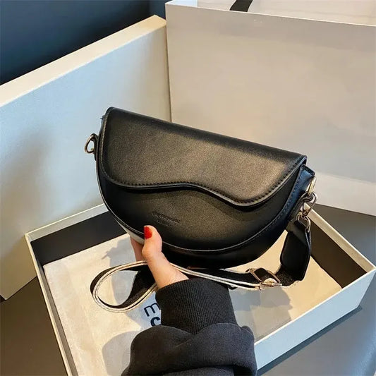 2025 Women Vintage Solid Color Flap PU Leather Wide Strap Crossbody Small Saddle Shoulder Underarm Bag Fashion Bag