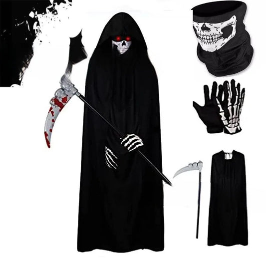 Halloween Death God Play Costume, Kids and Adults Horrible Skeleton Costume, Black Ghost Robe and Sickle, Enjoy Game Party
