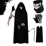 Halloween Death God Play Costume, Kids and Adults Horrible Skeleton Costume, Black Ghost Robe and Sickle, Enjoy Game Party