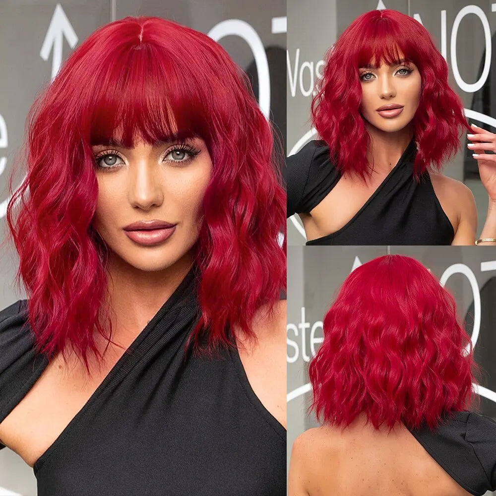 Women Grey Wavy Bob Wigs with Bangs Short Blonde Ombre Synthetic Wig with Dark Roots Natural Hair for Daily Use