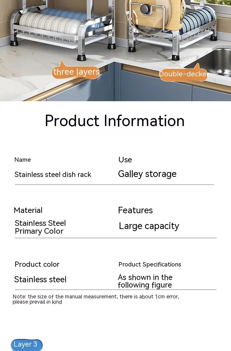 High Quality Kitchen Utensil Storage Rack Household Countertop Storage Rack 3-Layer Cupboard Multifunctional Utensil Drain Rack