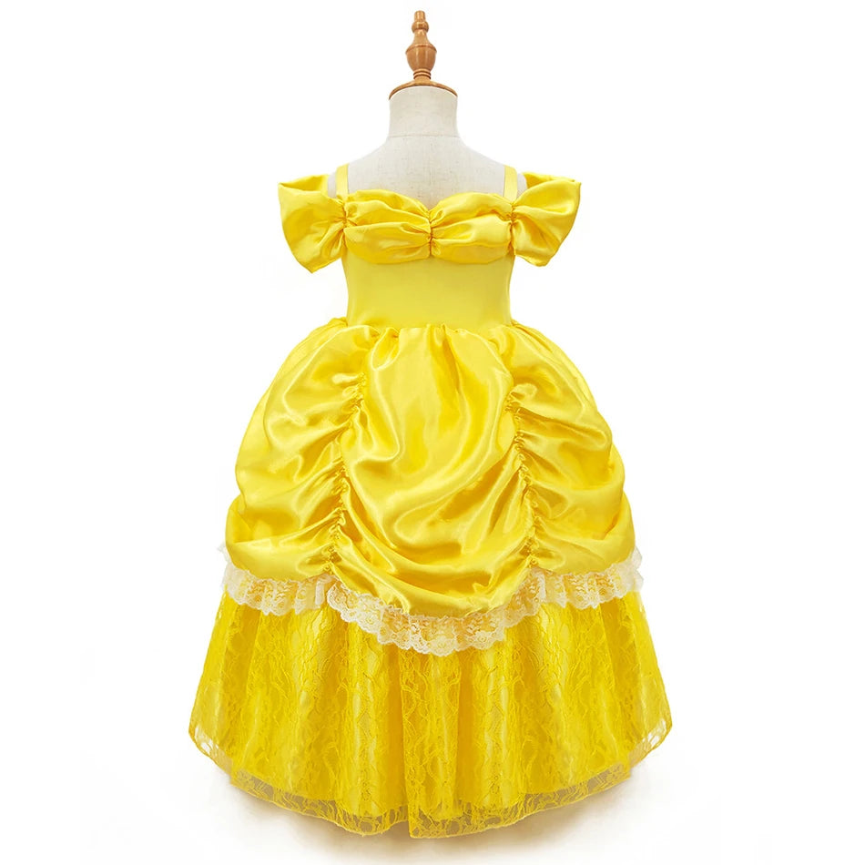 Kids Belle Cosplay Party Princess Dress Beauty Beast Princess Clothes Halloween Event Festival Party Flowers Print Costume