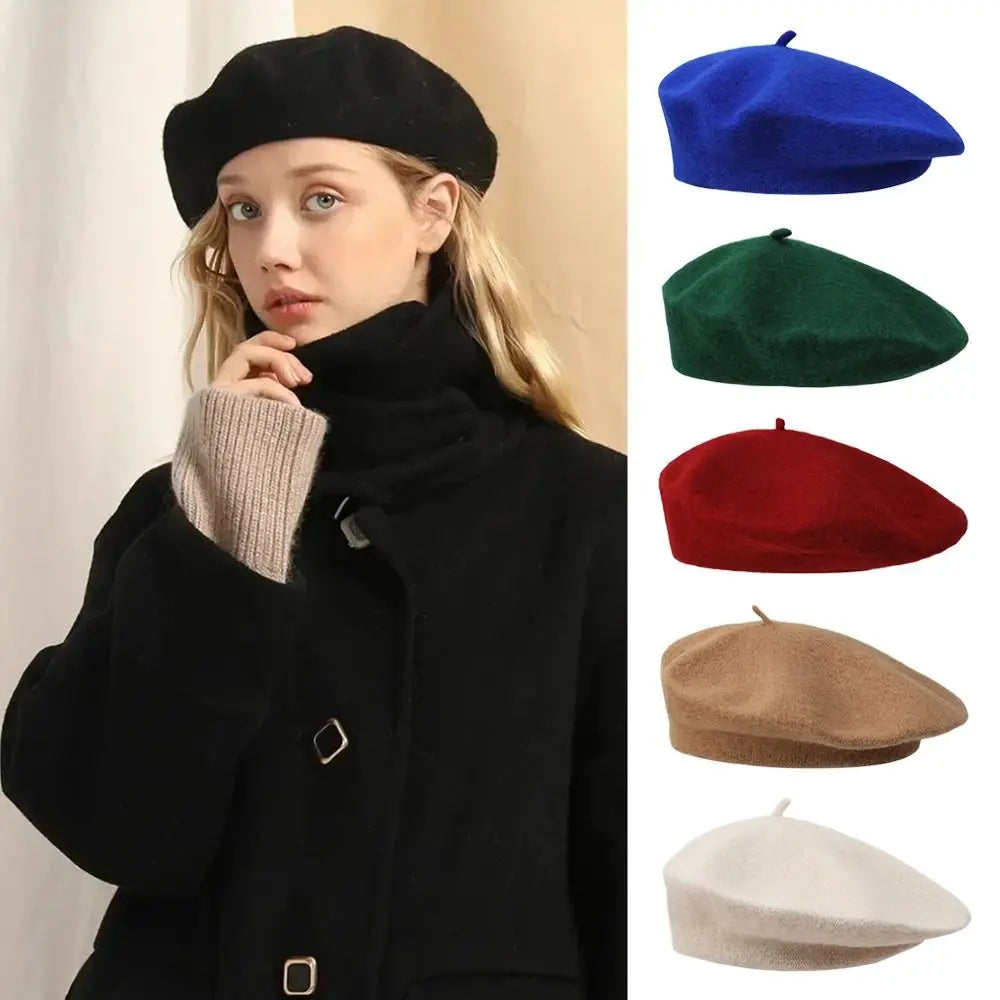 Fashion Warm Winter Wool Berets Hat Retro Solid Color French Artist Hat All Matched Elegant Plain Cap Lady
