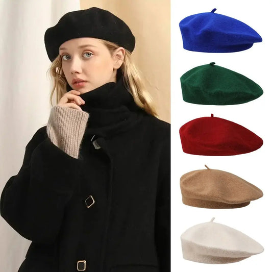 Fashion Warm Winter Wool Berets Hat Retro Solid Color French Artist Hat All Matched Elegant Plain Cap Lady