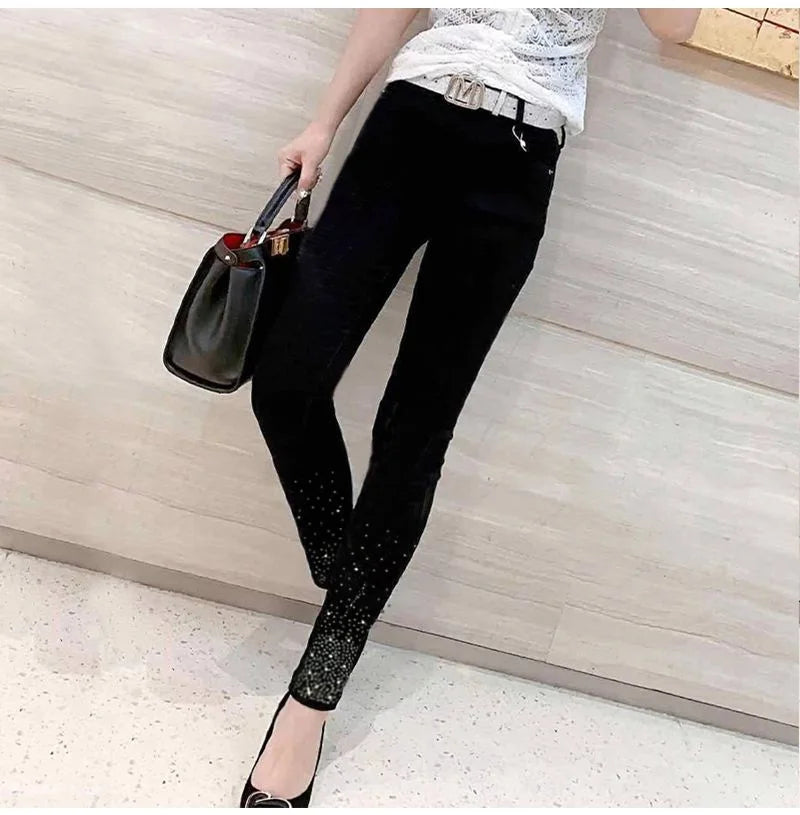 Spring Summer 2024 New Fashion Harem Denim Pants Female Rhinestones Korean Version High Waist Slim Elastic Jeans Pencil Pants