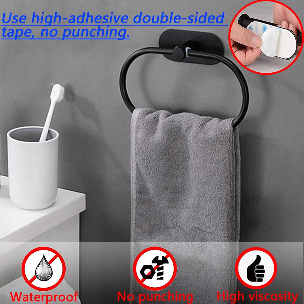 Toallero de acero inoxidable autoadhesivo para baño, toallero negro, colgador de toallas, barra de aro, accesorios de almacenamiento para cocina