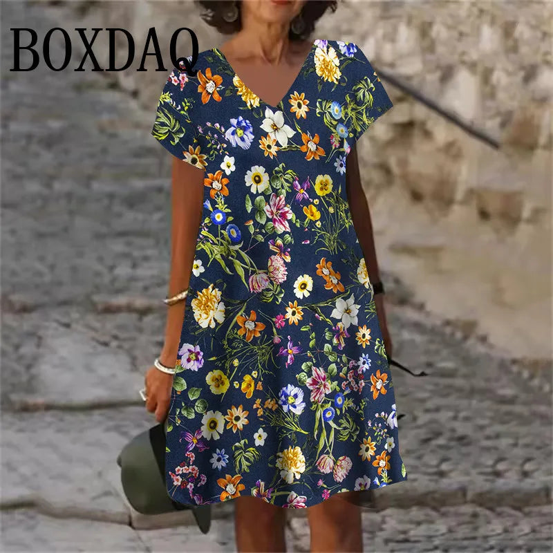 Plant Flowers Pattern Dresses Summer Women Clothing Fashion Plus Size Short Sleeve 3D Print Dress Casual Retro V-Neck Dress 6XL
