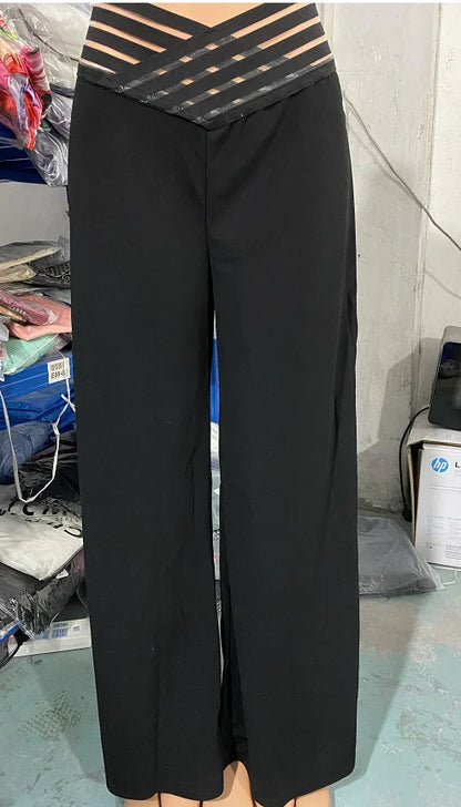 Fashion Office Ladies Trousers Elegant Crisscross Sheer Mesh Patch Casual High Waist Flared Pants for Women Clothes 2023 Summer