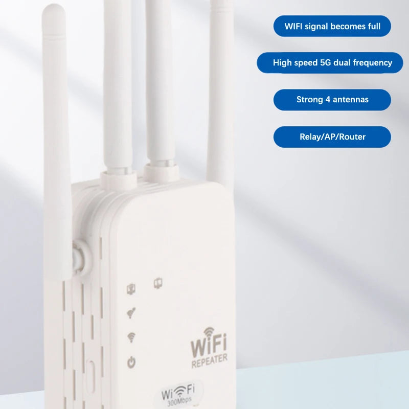 Repetidor WiFi de 300 Mbps, extensor WiFi inalámbrico, amplificador WiFi de 4 antenas, 5G, 2,4G, red de doble banda, enrutador de señal de largo alcance