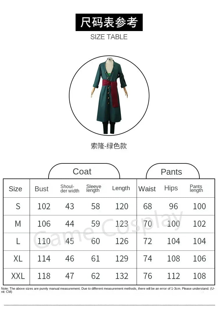 Anime Roronoa Zoro Cosplay Costume Uniform Green Coat Pants Head Scarf Roronoa Zoro Wig Earrings Halloween Carnival Men Clothes